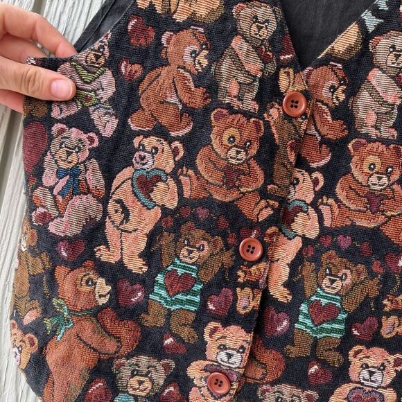 Vintage Tapestry Teddy Bear Vest Size 14 Kids, Fits Women’s XS, Heart Patch - Picture 5 of 6